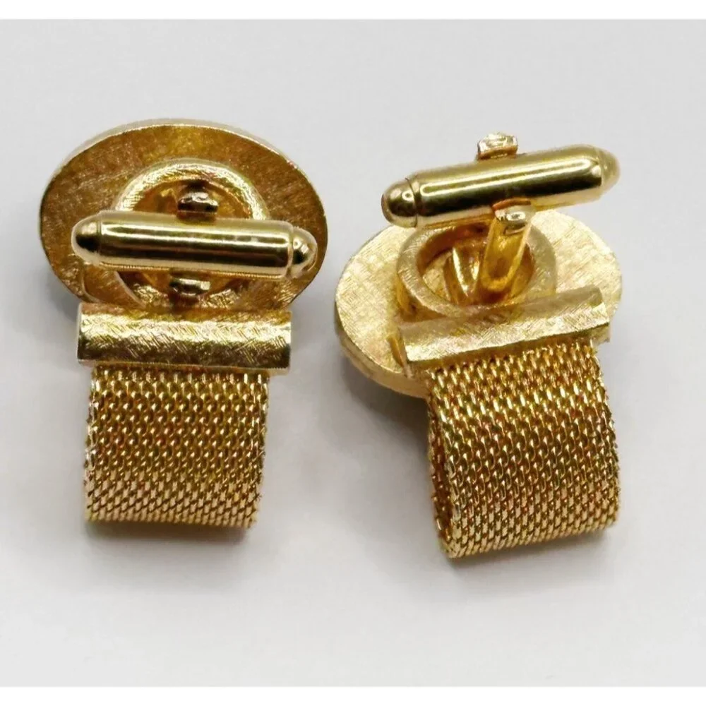 Vintage Dante Cufflinks Gold Tone, Wire Mesh Adorned with Black Stones Cufflinks